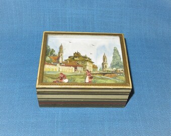 Antique DIORAMA Under Glass Trinket Box - 3-D  Country Picture  - Hinged Keepsake Wood & Glass  Box - Jewelry Box - Dresser Box-Dresden Trim