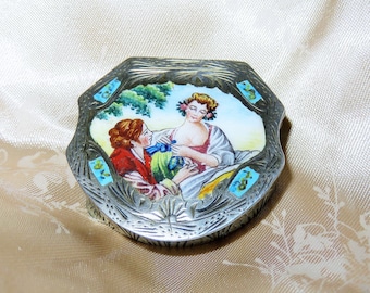 Antique Italy 800 Silver Gilt Hand Painted Enameled & Chased Rouge Compact Case-Pill Box -Pastoral Romantic Couple - Snuff Box - Patch Box