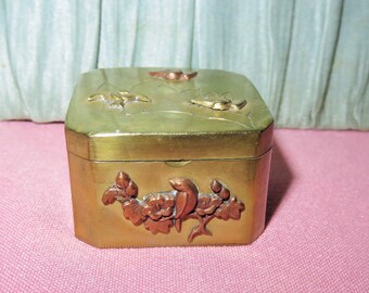Antique Brass/Bronze Mixed Metals Japanese Meiji Era Hinged Box- Pill Box-Trinket Box-Ring Box-Embossed & Applied Birds Flowers and Fruit
