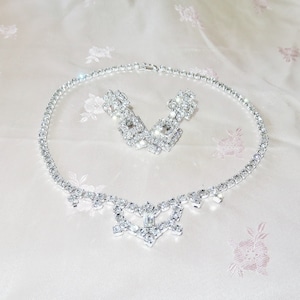 Exquisite Vintage Demi Parure Necklace & Earrings Set-Clear Rhinestones-Silver Metal-Wedding Bride Necklace and Earrings Rhinestones Set