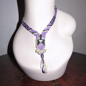 Authentic Antique French Art Deco 1920&#39;s Glass Beaded Flapper Sautoir Necklace Purple, Black & Gold Beads - Bird Design - Roaring Twenties