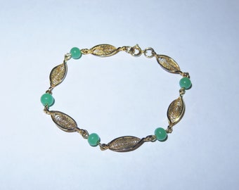 Vintage Gold Filled Bracelet with Green Stones and Filigree Leaves