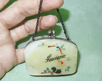 Antique Mother of Pearl Shell Coin Purse Change Purse - Accordion style Expanding Coin Purse - Souvenir Hand Painted Purse With Chain Handle