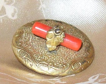 Antique Victorian Gold Enamel & Orange Coral Brooch Pendant Pin Gold Filled Plated Great Gift Idea
