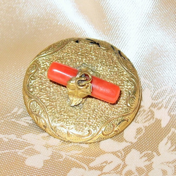 Antique Victorian Gold Enamel & Orange Coral Brooch Pendant Pin Gold Filled Plated Great Gift Idea