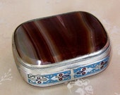 SALE Fine Victorian Antique Silver Enameled Agate Box- Banded Agate Pill Box-Snuff Box-Trinket Box-Enamel Silver Agate Stone Box-Excellent