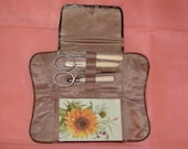 Antique Leather Bound Silk Lined Ox Bone Sewing Kit Set Etui Scissors Button Hook Mechanical Pencil Ribbon Bodkin Anchor Emblem