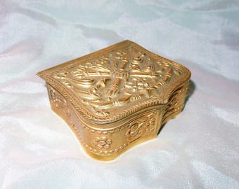 Antique Gilt Bronze/Brass Ormolu Vanity Box-Dresser Box-Trinket Box-Hinged Jewelry Casket - Ornate Repousse Crossed Scroll and Torch Decor
