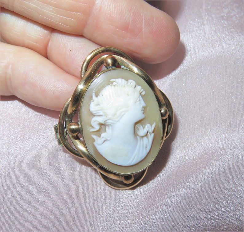 Gold Filled Cameo Brooch Pin Victorian Antique Carved Shell Cameo Brooch Neoclassical Relief Right Facing Lady Partial Signature