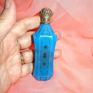 Antique French Sterling Silver & Blue Opaline Perfume Bottle - France Scent Bottle - Hinged Sterling Silver Cap - Circa Mid 19th Century