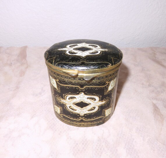 Vintage Italy Leather and Gilt Brass Hinged Box - Leather School Cigarette and Matches Box - Black, White and Gold - 1950's Cigarette Holder