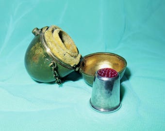 Victorian Chatelaine Thimble Holder - Case - Etui - Velvet Lined Brass Egg Finger Ring Case - Stone Top Sterling Silver Jakobsen Thimble