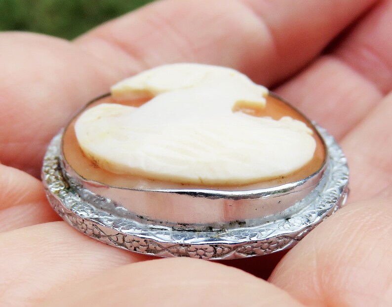 May include: A cameo brooch with a white cameo of a bird design set in a silver tone metal frame with a detailed floral pattern.