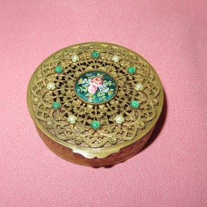 Antique French Bronze Hand Painted & Jeweled Pierced Ormolu Trinket Box-Pill Box-Compact Case-Roses on Porcelain-Pearls and Green Cabochons