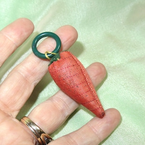 Vintage Antique Orange Silk Strawberry Sewing Emery - Chatelaine Needle Sharpener - Silk Sewing Needle Cleaner Pin Cushion - Felt Leaves