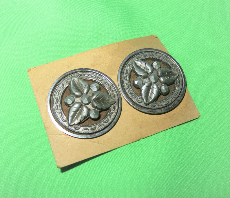 Large Antique Victorian Steel Cup Buttons Set Pair - Faceted Cut Steel Applied Leaves & Berries - U Shank - 1 1/4" Wide - Matching Set image 9