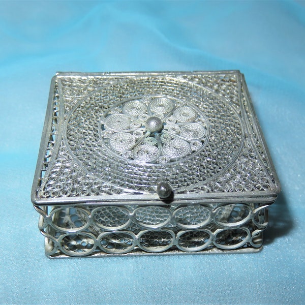 Vintage Silver Filigree Box - Ring Holder Box - Pill Box - Vinaigrette Scent Box - Rosary Holder - Ornate Silver Plated Hinged Box