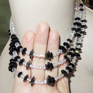 Antique Glass Beaded Swarovski Crystals Choker Necklace - Rhinestone Clasp - Black Margarita Flowers & Clear Double Cone Swarovski Crystals