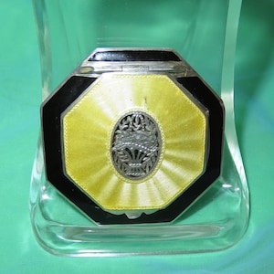 Antique Sterling Silver Guilloche Enamel Compact Case - Flower Basket Decor - Gold Wash - Made in Austria -Sterling Silver Compact & Mirror