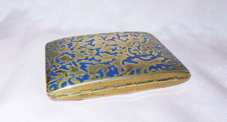 Antique Art Deco WL Walter Lampl  Gold Enameled Compact Case -  Gold Leaves and Dark Blue Enameling - Patented and Signed - Designer Compact