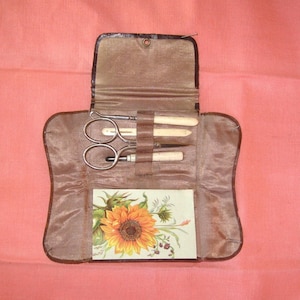 Antique Leather & Silk Lined Sewing Kit Set Etui - Scissors - Bone Button Hook -  Mechanical Pencil - Ribbon Bodkin - Brass Anchor Emblem