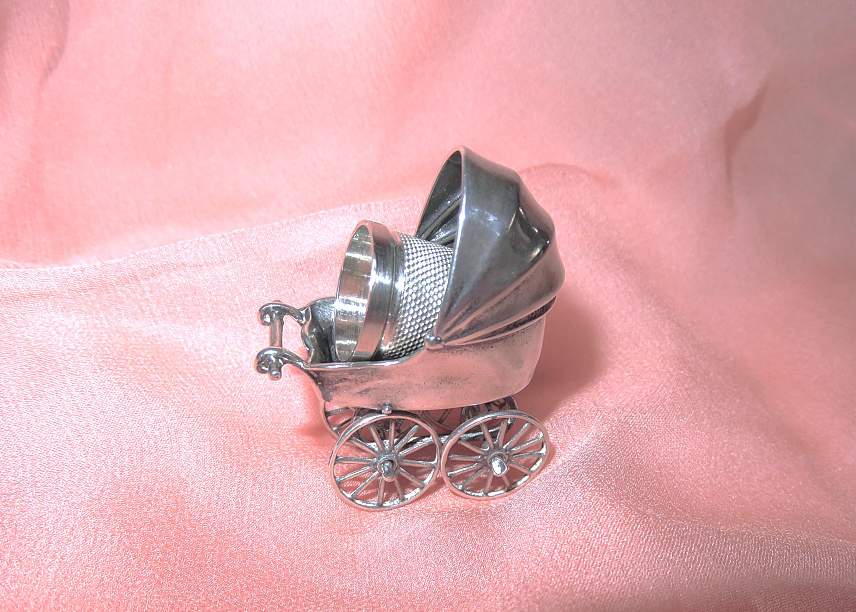 Antique Figural Silver Baby Buggy Carriage Thimble Holder and Antique Levi & Salaman Sterling Silver Thimble - Moving Wheels