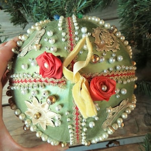 HUGE Vintage Hand-Crafted Christmas Ornament - Pearls - Beads - Metallic Gold Trim - Gold Decor- Satin- OOAK Ornate Ornament-20&quot; Around x 7&quot;