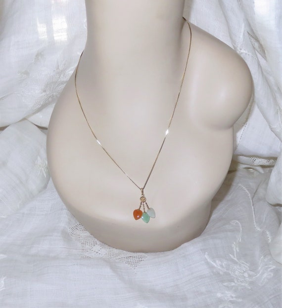 14K Gold Multi Hearts Jade Pendant Necklace - Pen… - image 4