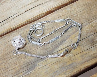 Antique 800 Silver Paris France French Watch Chain & Silver Filigree Ball Fob - French Silver Swivel Clip and Closure-Boars Head marks