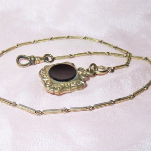 Antique Pocket Watch Chain and Carnelian Intaglio Fob - 12K Gold Filled Pocket Watch Link Bar Chain and Clasps - Double Sided Carnelian Fob