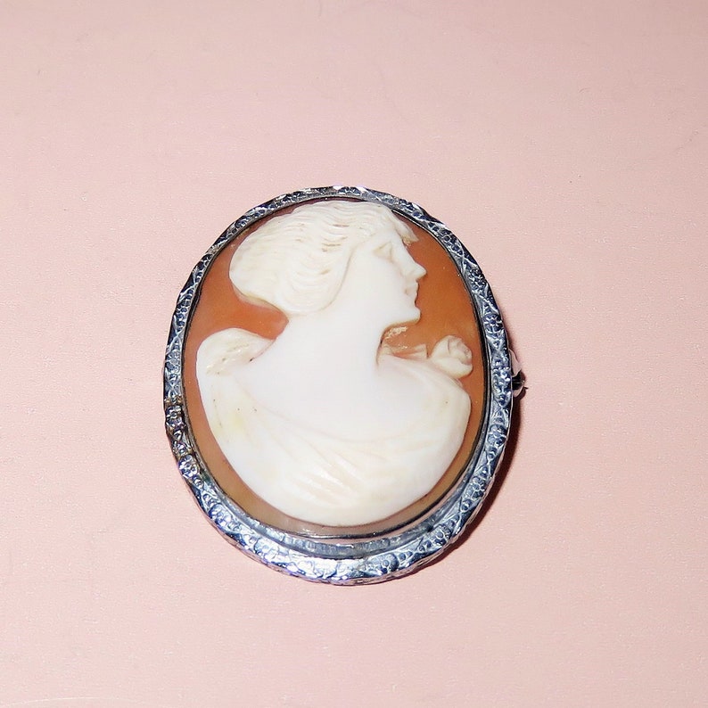 May include: A cameo brooch featuring a carved profile of a woman with a rose in her hair, set in a silver tone oval frame with a detailed design.