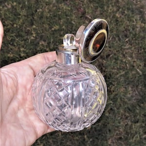 Antique Sterling Silver Crystal Perfume Bottle - Scent Bottle and Ground Glass Stopper - Faux Tortoise Shell Look Lid - England Made