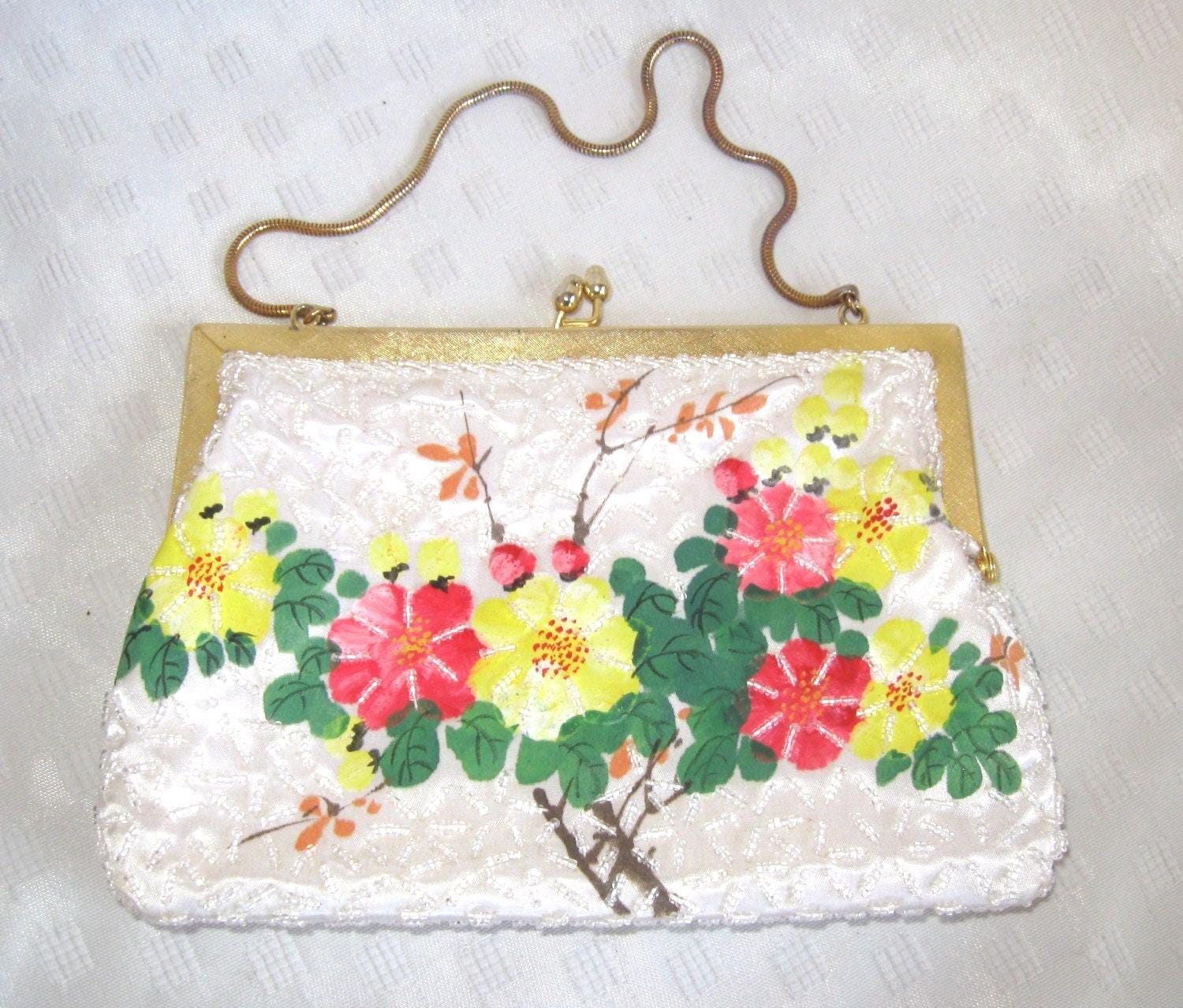 Vintage Beaded Walborg Handbag - Hand Beaded & Hand Painted Flowers Handbag - Wedding - Evening - Special Occasion - Walborg Hong Kong