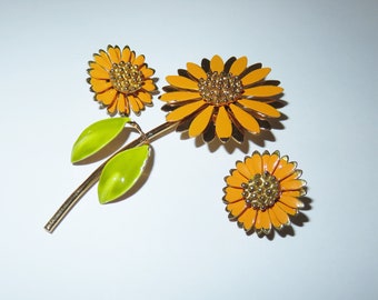 Vintage Enamel Flower Brooch and Clip on Earrings Set - Orange & Gold Metal Demi Parure Flower Brooch and Earrings Set -  Large Brooch