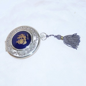 Stunning Vintage Limoges France Signed Powder Compact Case with Tassel - Romantic Couple on Dark Blue Porcelain - Mirrored Silver Case