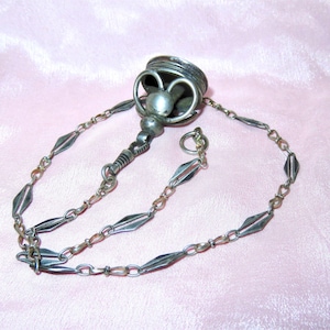 Antique Victorian Solid Silver Niello Pocket Watch Chain and Solid Silver Watch Fob Stamp - Marked 800 S & S - Dog Clip - Engraved Name