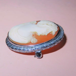 Antique Sterling Silver Framed Carved Shell Relief Cameo Brooch - Shell Cameo Jewelry - Artist Signed Carved Shell Cameo-Sterling Mounted image 9