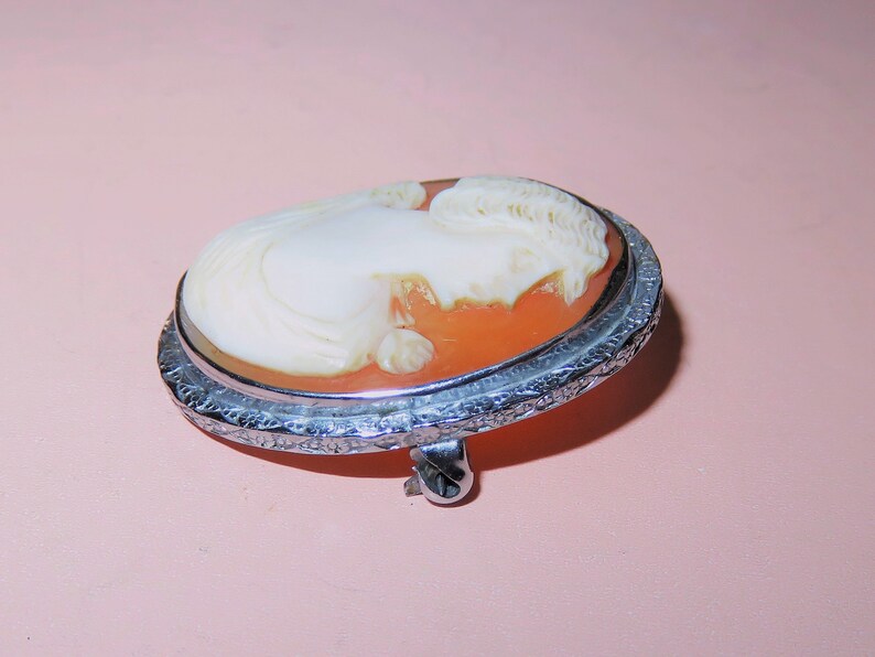 Antique Sterling Silver Framed Carved Shell Relief Cameo Brooch - Shell Cameo Jewelry - Artist Signed Carved Shell Cameo-Sterling Mounted image 9