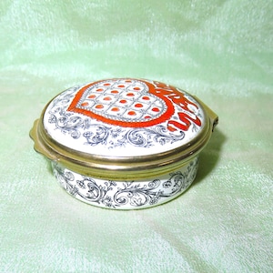 Vintage Bilston & Battersea Round Enamel Hinged Trinket Box - Red, Black, White Heart Acanthus Scrolls - American Heart Association A/F