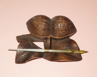 Antique Hand Carved Black Forest Double Walnuts Ink Well Inkwell & Insert Signed 1776 and Mother of Pearl Handle Dip Pen Fountain Pen