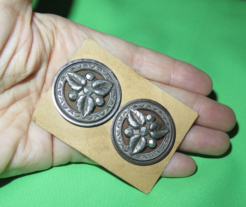 Large Antique Victorian Steel Cup Buttons Set Pair - Faceted Cut Steel Applied Leaves & Berries - U Shank - 1 1/4" Wide - Matching Set image 3