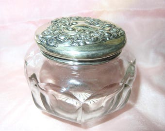 Large Antique Sterling Silver & Crystal Powder Box - Vanity Boudoir Jar - P. H. Locklin Sterling Silver Vermiel Repousse Heart Lid - Dresser