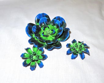 Vintage Enamel Flower Brooch and Clip on Earrings - Dark Blue & Green Demi Parure  Flower Brooch and Earrings Set - 1960's Jewelry Set