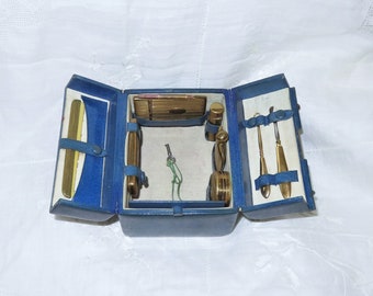 Antique 9 Piece Brass Vanity Toiletry Travel Set - Leather Bound Train Case - Mirror - Aide Memoire - Compact - Scent Bottle - Lipstick -A/F