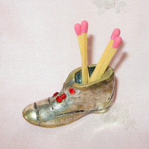 Antique Brass Shoe Match Holder-Sewing Pin/Needle Holder, Sewing Pin Cushion-Red Rhinestone &#39;Buttons&#39; - Silver Plated Brass