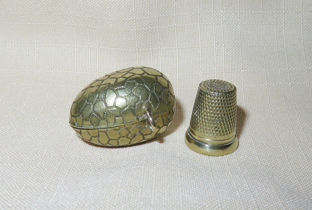 Antique Thimble and Holder Engraved Gilt Brass Egg Shaped Thimble