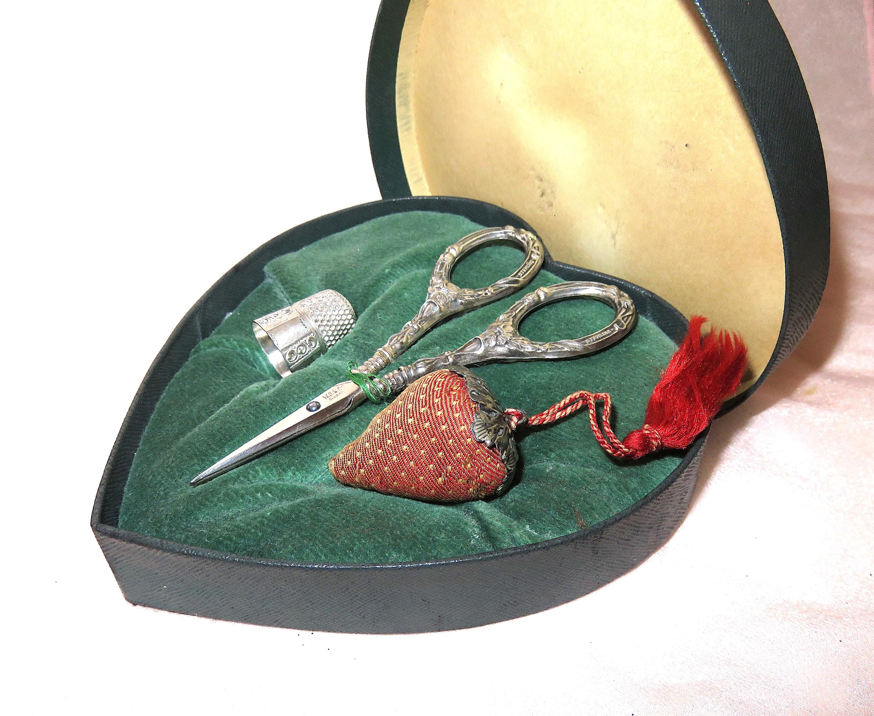 Antique Sterling Silver Sewing Tools in Heart Shaped Sewing Box - Sewing Necessaire - Scissors - Silver Capped Strawberry Emery - Thimble