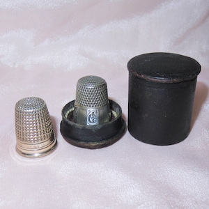 Antique Leather Dennison Mfg. Co Thimble Holder - Velvet Thimble Stand & Goldsmith Stern Sterling Silver Thimble and Gold Plated Thimble