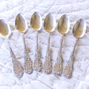 Antique Dominick & Haff Sterling Silver Spoon Set of 6 - Engraved Initials - Marked STERLING PAT&#39;D &#39;91 - Ornate 5 3/8&quot; Teaspoons Set of Six