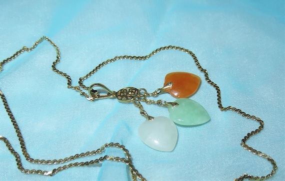 14K Gold Multi Hearts Jade Pendant Necklace - Pen… - image 1